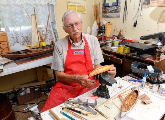 Model wooden boat builder Frank White at work, 2012.