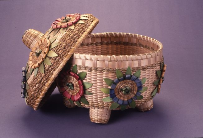 Ash splint and sweetgrass fancy basket made by Akwesasne Mohawk basket maker. Date and photographer unknown.