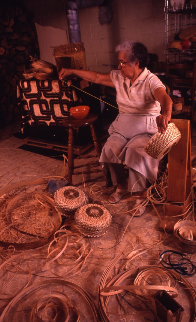Mary Adams in her home basement workshop at Akwesasne, 1992.