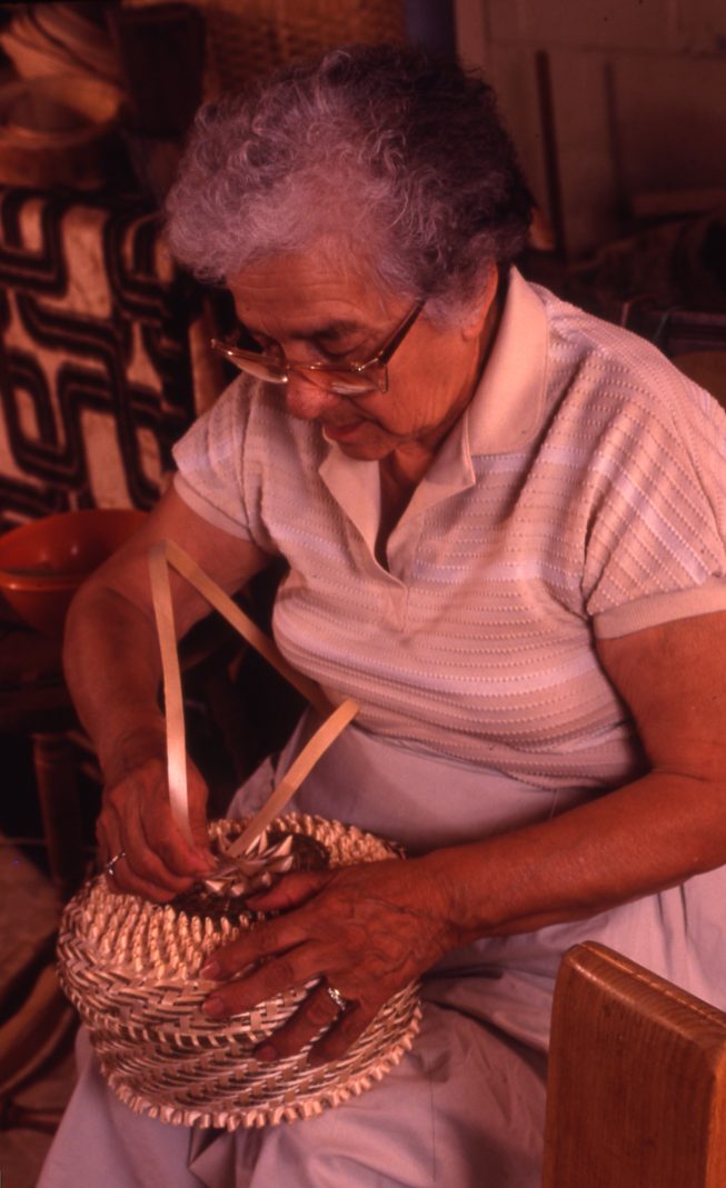 Mary Adams in her home basement workshop at Akwesasne, 1992.