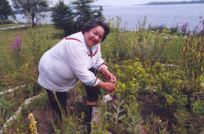 Cecilia Kaienes Mitchell in her medicine wheel garden.