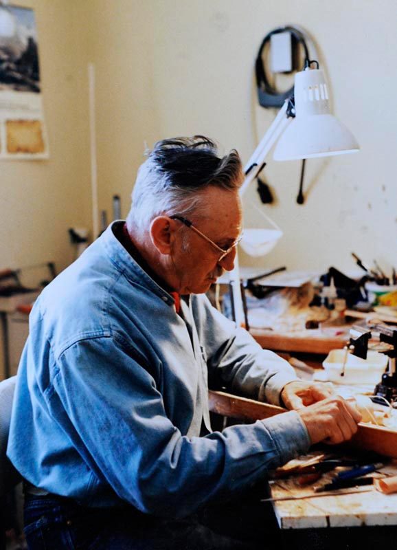 Model wooden boat builder Frank White at work. Date and photographer unknown.