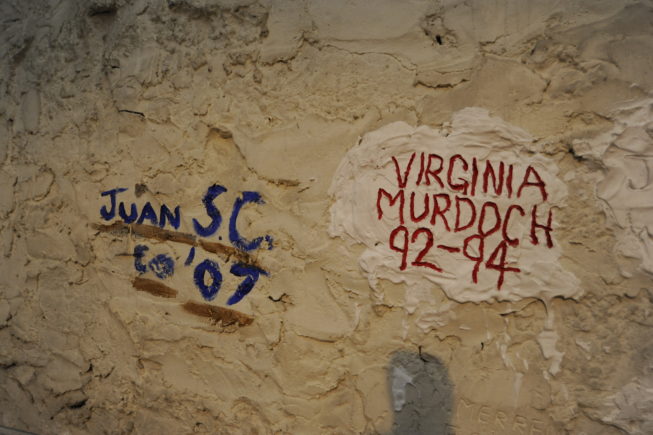 Chapel bellringers wrote their names on the wall for remembrance, 2013.