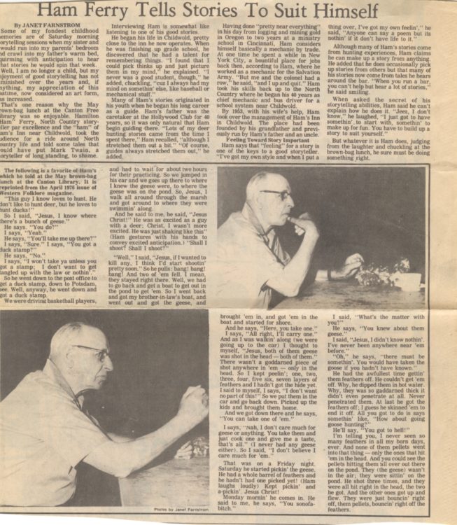 Newspaper clipping courtesy of Ham Ferry. Date unknown.