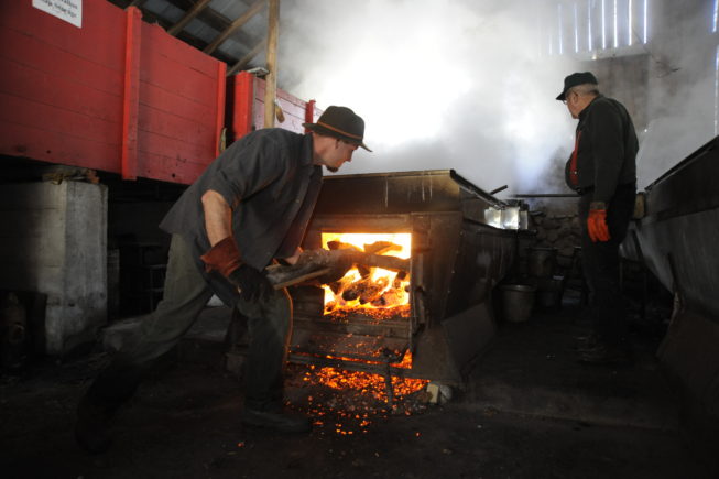 Stoking the fire, 2010. Some of the equipment the Yanceys use dates to the first half of the 20th century, and their 1920s-era evaporator is fueled by wood cut on their woodlot.