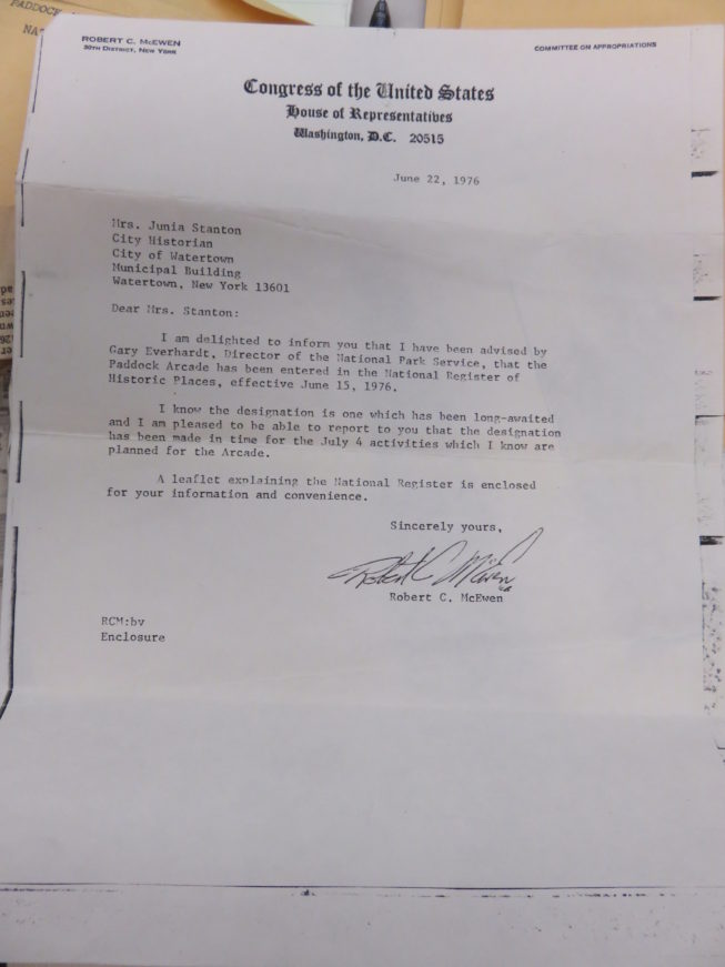 1976 letter designating the Paddock Arcade as a site on the National Register of Historic Places. Courtesy of Watertown Daily Times Archives. Photo by Camilla Ammirati, 2017.