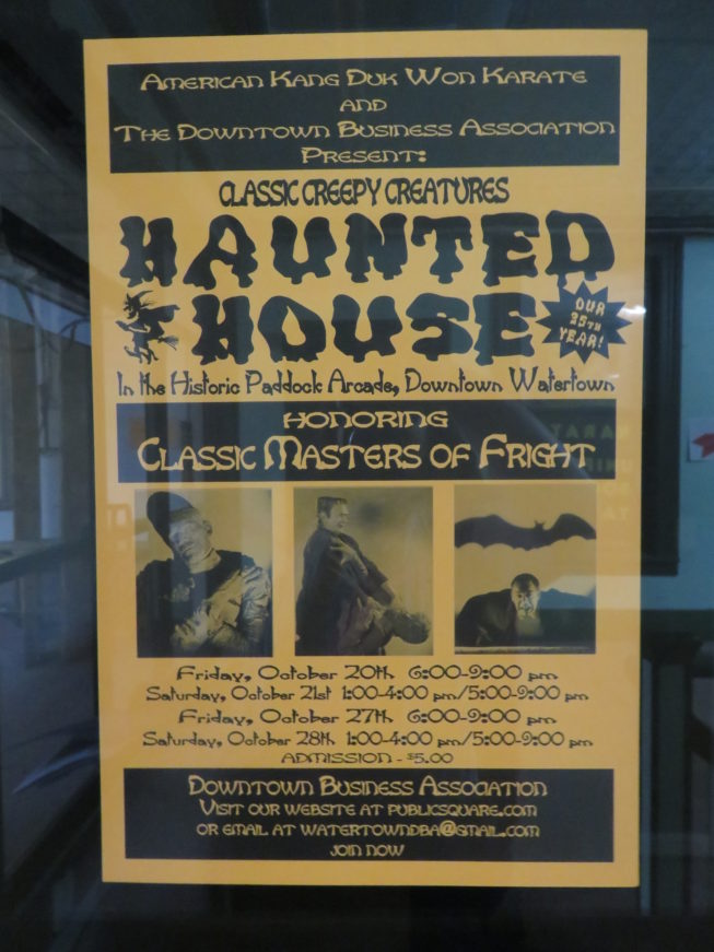 A poster in the Arcade for the 2017 Haunted House in the Arcade, a favorite local annual event. Photo by Camilla Ammirati, 2017.